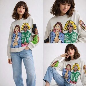 ZARA Graphic Print Sweatshirt Women's Medium Cream Fashion Girls Pullover Top